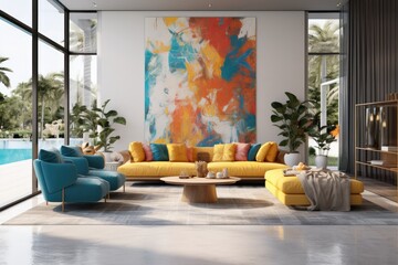 Decorative Artist Living Room Interior with Bold Yellow Couch, Blue Accent Chairs, Large Abstract Painting Wall Art, Outdoor Pool Through Modern Windows