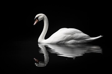 Beautiful white swan swimming on water with reflection on black background
