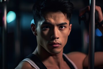 Portrait of handsome Asian man working out at gym, running on treadmill and doing fitness exercises. healthy concept ,exercises. healthy concept,Generative AI.