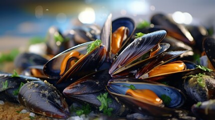 A delicious plate of fresh mussels - obrazy, fototapety, plakaty