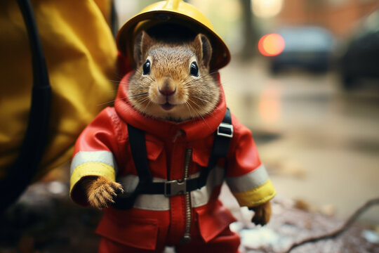 cute squirrel wearing firefighter uniform