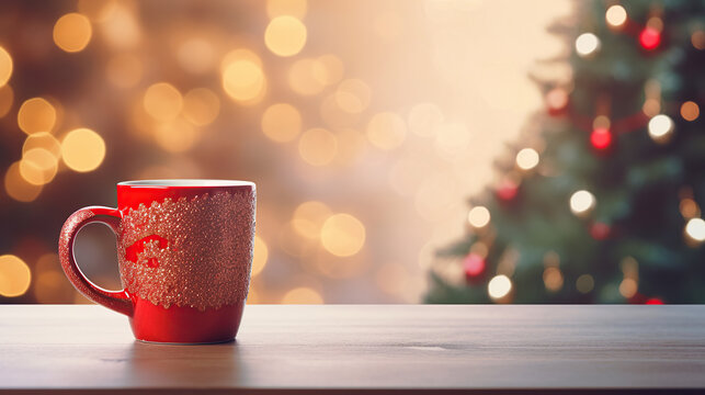 Wooden desk space red mug and xmas tree, Table with red cup of hot drink with blurred Christmas tree bokeh on background, Christmas holiday background.