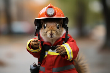 cute squirrel wearing firefighter uniform
