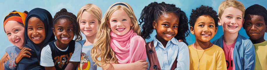 photorealistic image of a group of smiling children of different nationalities and cultures. multiculture, multinationality, open education, international school - obrazy, fototapety, plakaty