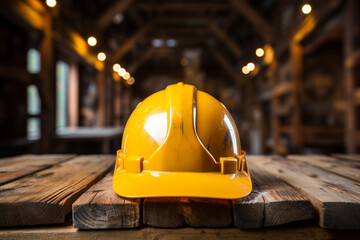 construction helmet on a wooden table made with AI
