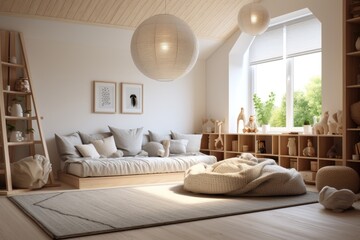 Calm Boys Bedroom Interior with Children Decoration and Ladder Bookshelf. Minimal Modern Bed with Grey Comfy Bedding and Round Light Fixture