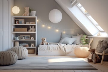 Minimal Modern Childrens Boy Room Interior with String Lights and Round Ribbed Poufs and Tall Bookshelf with Toy Animals and Baskets for Organization