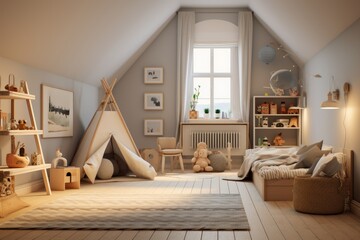 Calm Styled Boy Children Room Interior with Tent Fort and Ladder Shelf with Decor and Shelf with Toys and Stuffed Animals