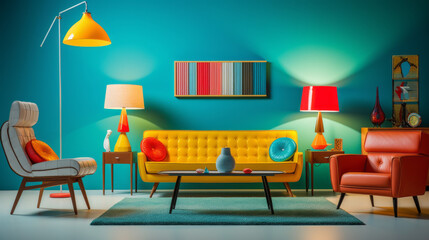 Colorful Mid-Century Revival: A vibrant room with mid-century modern furniture, bold colors, and...