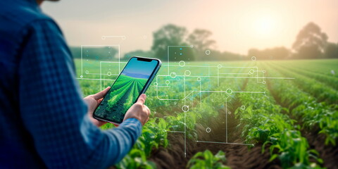 young farmer using a smartphone app to monitor crop health and irrigation, representing the integration of technology in modern farming. Generative AI