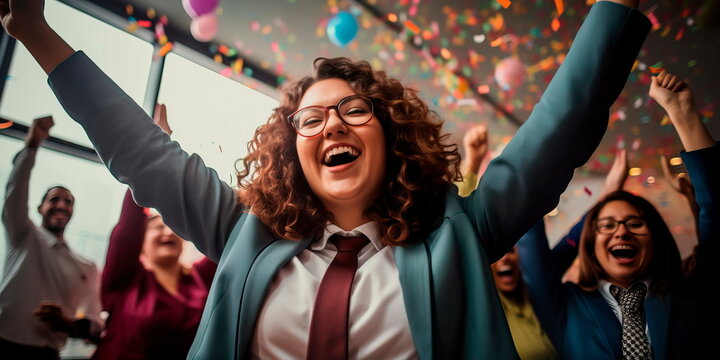 plus-size manager celebrating a successful project completion with her team, highlighting her leadership and appreciation for her employees. Generative AI