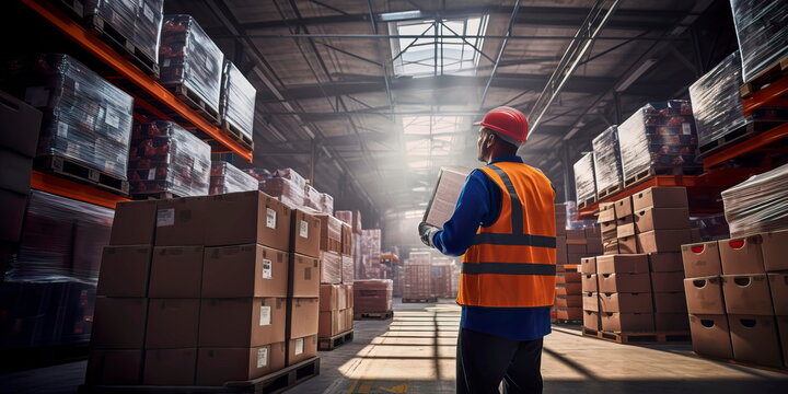warehouse manager overseeing the loading and unloading of trucks, demonstrating efficient logistics management. Generative AI
