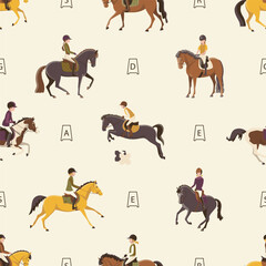 Children on ponies train in the equestrian arena, seamless vector pattern