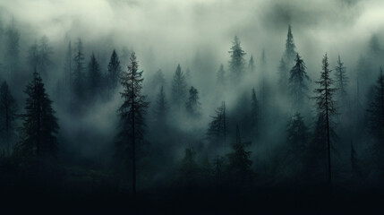 Dense Fog Rolling Over a Mysterious Forest, Abstract, Background