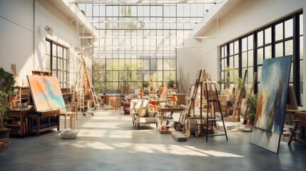 Contemporary Art Studio: A bright and airy space with large windows, designed for painting and creative endeavors. Easels, art supplies, and inspiring artwork are showcased  - obrazy, fototapety, plakaty