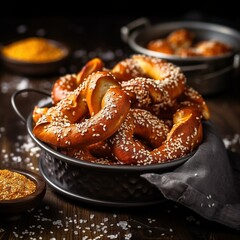 Homemade whole meal pretzels with sesame and salt on basket on wood table
 - obrazy, fototapety, plakaty