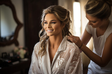 bride getting ready for her special day, with a focus on bridal makeup and hairstyling, celebrating the beauty transformations for weddings - obrazy, fototapety, plakaty