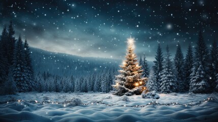 Christmas tree with lights in winter forest with snow at frosty Christmas night. Beautiful winter holiday landscape.