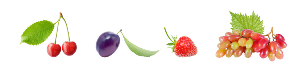 Set of ripe berries and fruits: sweet cherry, plum, strawberry and grape bunch isolated on white background