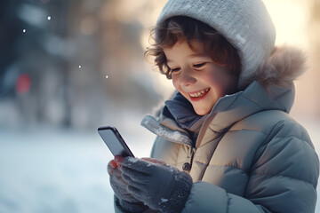 Happy child using a phone outside. Winter season. Christmas concept. Copy space text