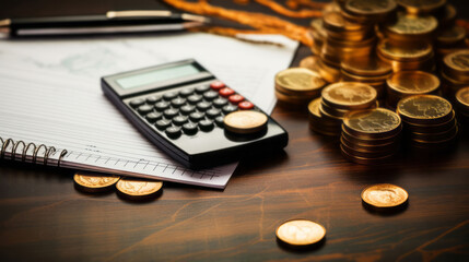 Gold coins on table with documents and calculator. Stock market concept.