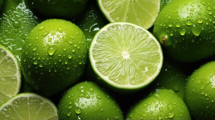 Close-up of fresh limes covered in water. Top view of healthy vegetables, food background