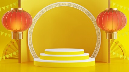 3d illustration  chinese vegetarian festival, Nine Emperor gods festival, kin J, 3d products podium with yellow and chinese detail elements  on background color .