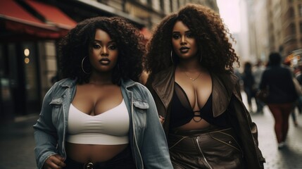 Obraz na płótnie Canvas Two african american dark skinned friends female. Plus size models