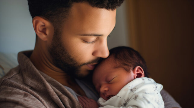 Father holding a newborn baby in his arms. Young man cuddling his sleeping baby