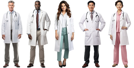 a group of multiethnic doctors dressed in white coats standing still posing, isolated on a transparent background