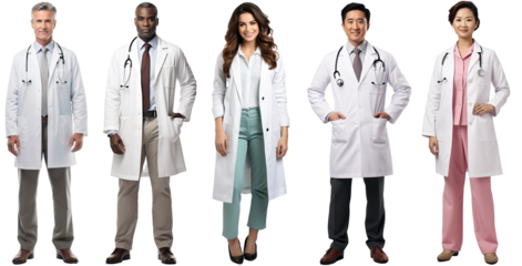 a group of multiethnic doctors dressed in white coats standing still posing, isolated on a transparent background