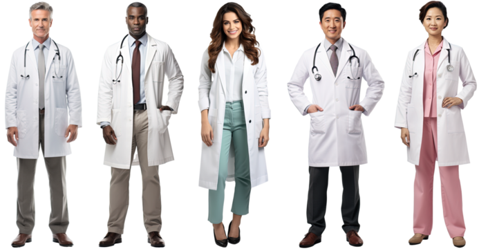 a group of multiethnic doctors dressed in white coats standing still posing, isolated on a transparent background