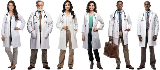 a group of multiethnic doctors dressed in white coats standing still posing, isolated on a transparent background