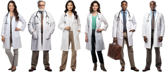 a group of multiethnic doctors dressed in white coats standing still posing, isolated on a transparent background