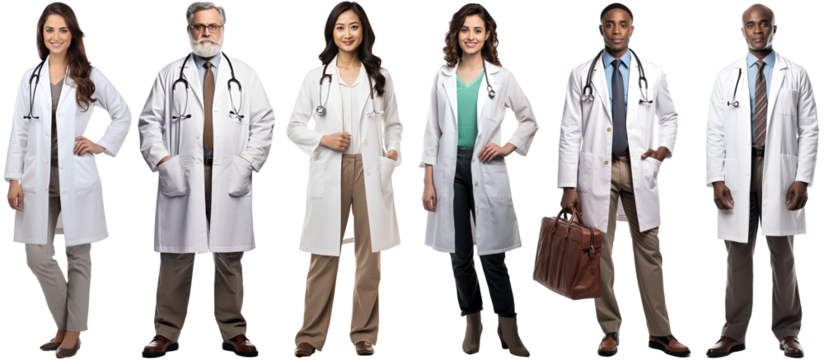 a group of multiethnic doctors dressed in white coats standing still posing, isolated on a transparent background
