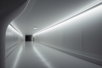 Interior and design concept. Abstract and minimalist long corridor with white glowing light. Mystical and horror mood. Background with copy space. Generative AI