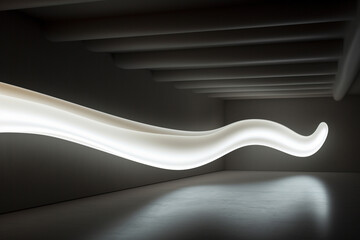 Interior and design concept. Abstract and minimalist long corridor with white glowing light. Mystical and horror mood. Background with copy space. Generative AI