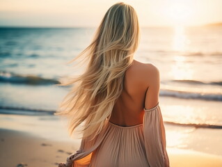 Fototapeta na wymiar Outdoor fashion portrait of beautiful sensual lady wearing stylish maxi chiffon dress posing at sunset in the beach, have long blonde hairs bright make up and accessorizes