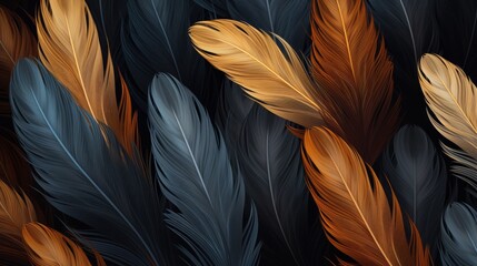 Close-up of black and golden bird feathers print background. Luxury backdrop for fashion, textile, print, banner