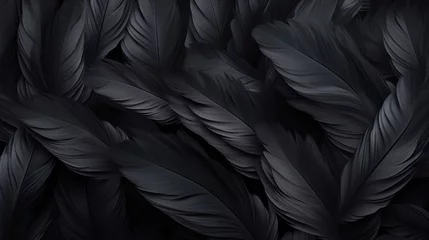 Deurstickers Close-up of black bird feathers print background. Backdrop for fashion, textile, print, banner © eireenz