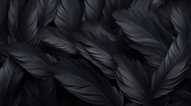Close-up of black bird feathers print background. Backdrop for fashion, textile, print, banner