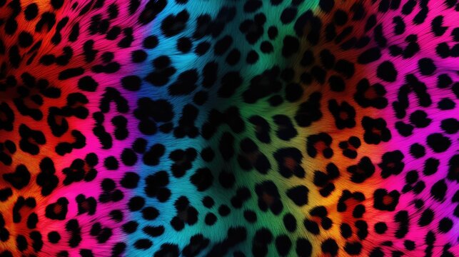 Close-up of colourful rainbow leopard fur print background. Animal skin backdrop for fashion, textile, print, banner