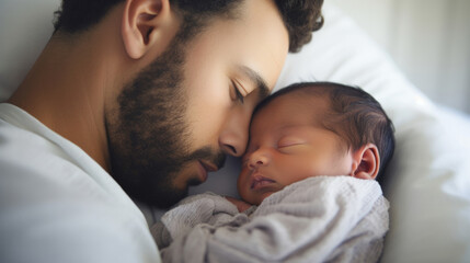Fototapeta na wymiar Father holding a newborn baby in his arms. Young man cuddling his sleeping baby