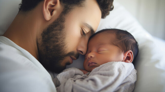 Father holding a newborn baby in his arms. Young man cuddling his sleeping baby