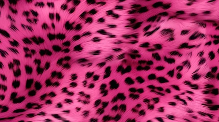 Fotobehang Close-up of pink leopard fur print background. Animal skin backdrop for fashion, textile, print, banner © eireenz