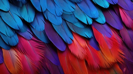 Obraz premium Close-up of colourful bird feathers print background. Parrot feathers backdrop for fashion, textile, print, banner