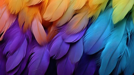Fototapeta premium Close-up of colourful bird feathers print background. Parrot feathers backdrop for fashion, textile, print, banner