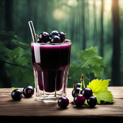 A glass of fresh delicious juice and black currant berries on the backdrop of a dawn forest