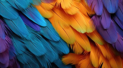 Close-up of colourful bird feathers print background. Parrot feathers backdrop for fashion, textile, print, banner