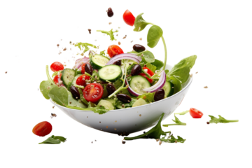 Fresh Greek salad ingredients dropped into bowl on a white background studio shot
